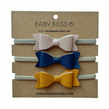 Load image into Gallery viewer, OUR HEADBAND SET includes three bows. The soft elastic headband ensures that the bows fit comfortably on newborns and toddlers alike. These bows are suitable for everyday wear and special occasions - and this set makes a perfect accessory for your baby boss! Dubai, Abu Dhabi, UAE.