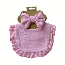 Load image into Gallery viewer, This set includes a cute drool bib and a matching headband bow. The absorbent multi-layer bib is made of 100% soft muslin cotton and it is easy to snap on a baby. The bow is made of stretchy ribbed cotton and can be used with the matching bib or styled with any outfit. The set is suitable for newborns and toddlers alike. Dubai, Abu Dhabi, UAE