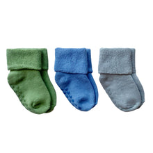 Load image into Gallery viewer, These non-slip socks are made of cotton with stretchable polyamide and spandex. The socks have non-slip soles which ensure no slipping or sliding. The set includes 3 pairs and there are two different sets available in cute colours. These socks are a must-have for an active baby boss or a toddler! Dubai, Abu Dhabi, UAE