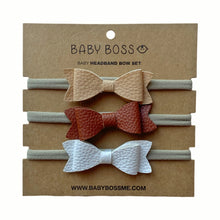 Load image into Gallery viewer, OUR HEADBAND SET includes three bows. The soft elastic headband ensures that the bows fit comfortably on newborns and toddlers alike. These bows are suitable for everyday wear and special occasions - and this set makes a perfect accessory for your baby boss! Dubai, Abu Dhabi, UAE.