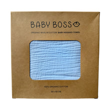 Load image into Gallery viewer, Baby Boss Baby Hooded Towel is made from extra soft, non-irritable and absorbent 4-layered organic cotton muslin which is perfect for wrapping your baby boss after their bath time. The towel contains no harmful dye or chemicals and is suitable for newborns and toddlers alike. The generous size of the towel and the practical hood ensure that your baby is kept dry and warm from head to toe. Dubai, Abu Dhabi, UAE
