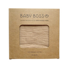 Load image into Gallery viewer, Baby Boss Baby Hooded Towel is made from extra soft, non-irritable and absorbent 4-layered organic cotton muslin which is perfect for wrapping your baby boss after their bath time. The towel contains no harmful dye or chemicals and is suitable for newborns and toddlers alike. The generous size of the towel and the practical hood ensure that your baby is kept dry and warm from head to toe. Dubai, Abu Dhabi, UAE