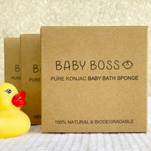 Load image into Gallery viewer, Baby Boss ME baby bath sponge is made from 100% natural konjac plant fibres. The best sponge for your baby. The sponge is free from any fragrance, chemicals, colouring and preservatives, and it is biodegradable including the packaging. Eco-friendly, sustainable, Dubai, Abu Dhabi, UAE.