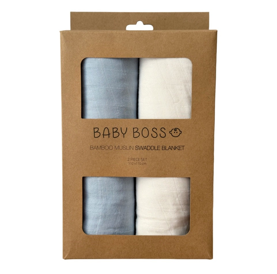 Bamboo Muslin Swaddle Blanket - 2 pcs Set (Blue & White)