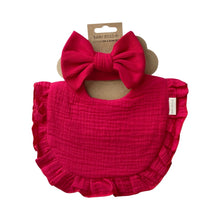 Load image into Gallery viewer, This set includes a cute drool bib and a matching headband bow. The absorbent multi-layer bib is made of 100% soft muslin cotton and it is easy to snap on a baby. The bow is made of stretchy ribbed cotton and can be used with the matching bib or styled with any outfit. The set is suitable for newborns and toddlers alike. Dubai, Abu Dhabi, UAE
