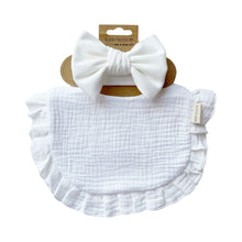 Load image into Gallery viewer, This set includes a cute drool bib and a matching headband bow. The absorbent multi-layer bib is made of 100% soft muslin cotton and it is easy to snap on a baby. The bow is made of stretchy ribbed cotton and can be used with the matching bib or styled with any outfit. The set is suitable for newborns and toddlers alike. Dubai, Abu Dhabi, UAE
