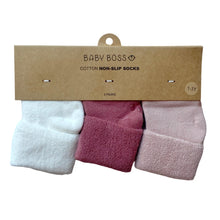Load image into Gallery viewer, These non-slip socks are made of cotton with stretchable polyamide and spandex. The socks have non-slip soles which ensure no slipping or sliding. The set includes 3 pairs and there are two different sets available in cute colours. These socks are a must-have for an active baby boss or a toddler! Dubai, Abu Dhabi, UAE
