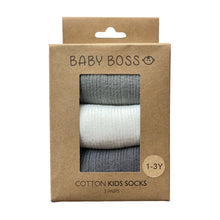 Load image into Gallery viewer, These socks are made of cotton with stretchable spandex and polyester – and are ideal for everyday use. Each set includes 3 pairs of socks - and there are 4 different sets to choose from. Suitable for babies and toddlers. Dubai, Abu Dhabi, UAE. 
