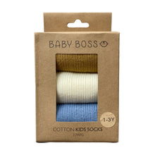 Load image into Gallery viewer, These socks are made of cotton with stretchable spandex and polyester – and are ideal for everyday use. Each set includes 3 pairs of socks - and there are 4 different sets to choose from. Suitable for babies and toddlers. Dubai, Abu Dhabi, UAE. 
