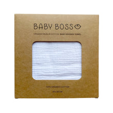 Load image into Gallery viewer, Baby Boss Baby Hooded Towel is made from extra soft, non-irritable and absorbent 4-layered organic cotton muslin which is perfect for wrapping your baby boss after their bath time. The towel contains no harmful dye or chemicals and is suitable for newborns and toddlers alike. The generous size of the towel and the practical hood ensure that your baby is kept dry and warm from head to toe. Dubai, Abu Dhabi, UAE
